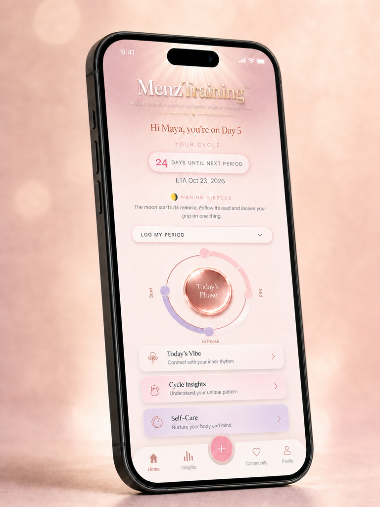Her side of MenzTraining shown on a phone with a soft rose gold and lavender interface